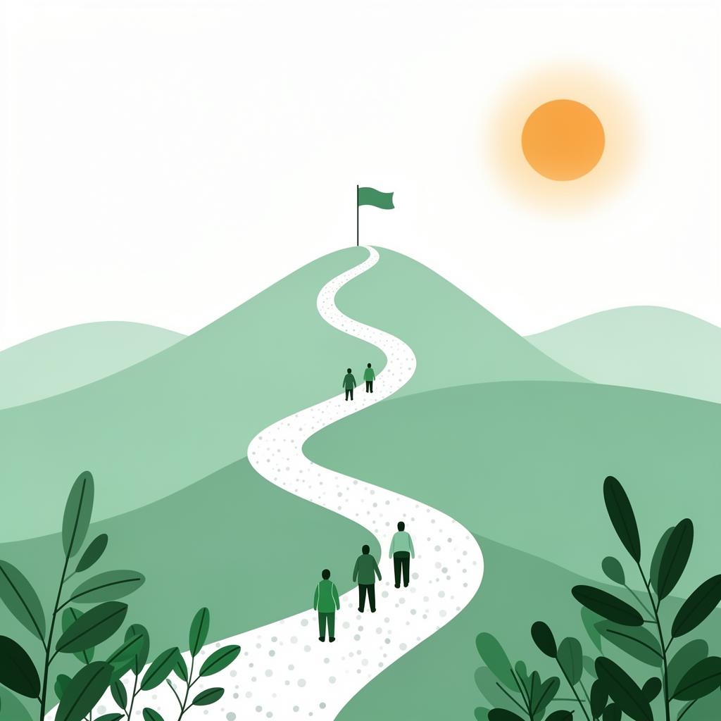 Illustration of a team walking up a winding path toward a flag at the peak